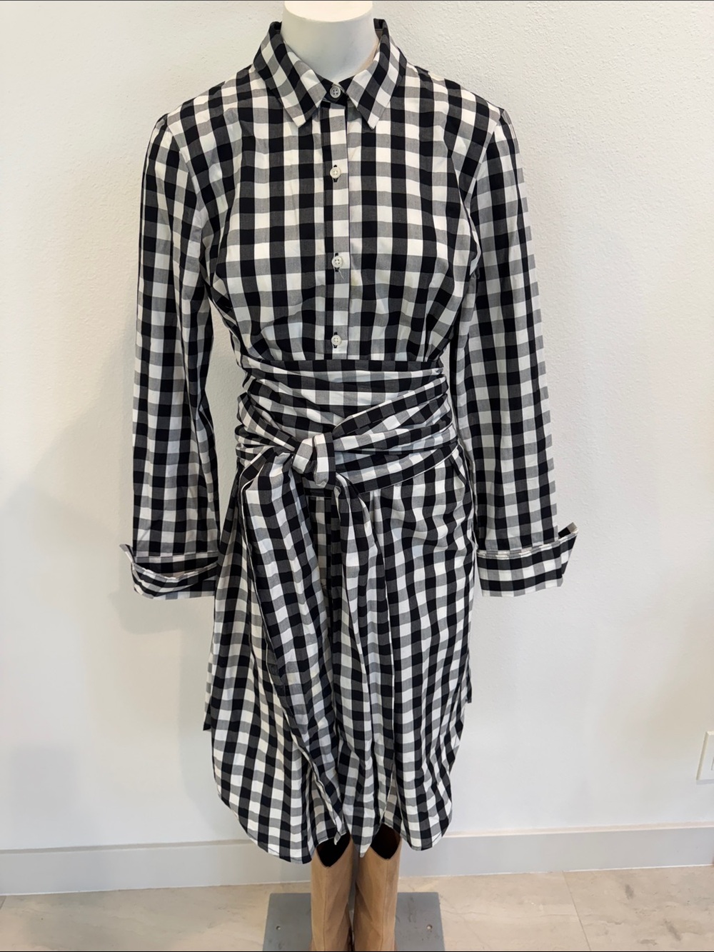 NWOT Who What Wear Black & White Gingham Shirt Dress w/Waist Tie Sz S